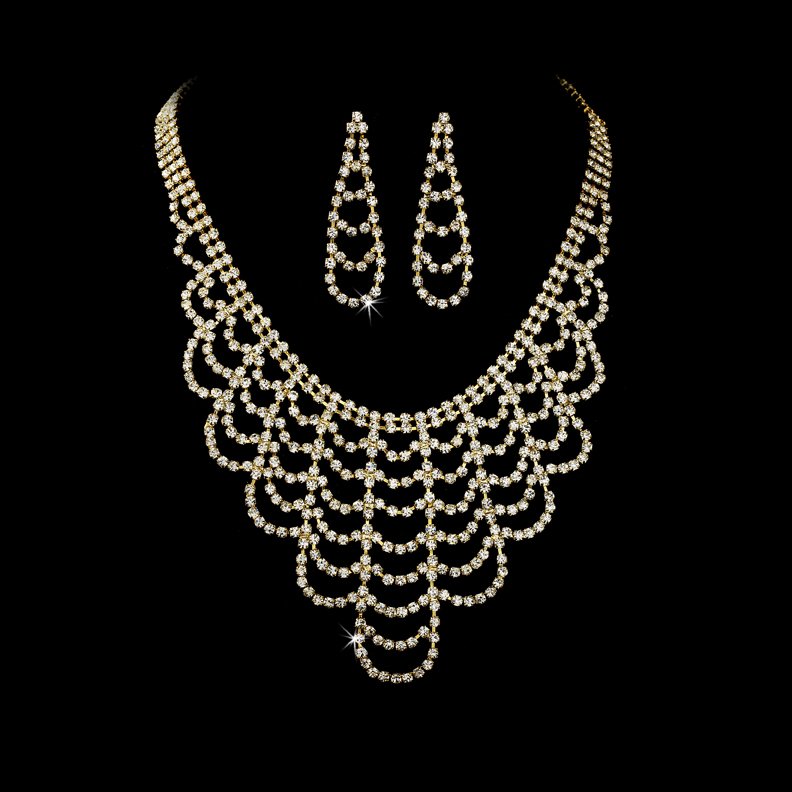 Gold Clear Crystal Chandelier Necklace Earring Set