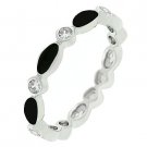 NEW White Gold Silver Jet Black Enamel CZ Stacker Ring