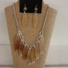 Silver Chain Oval Horn Dangle Necklace Earring Set 16"