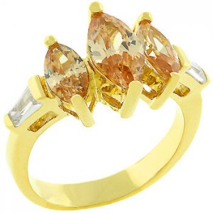 NEW 14K Gold Triplet Champagne CZ Chevron Ring