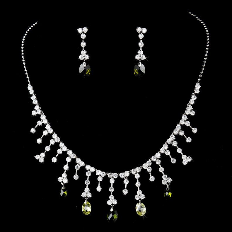 Silver Clear Olive CZ Necklace Earring Set