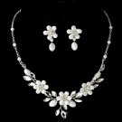 Silver Swarovski Pearl  Floral Necklace Earring Set