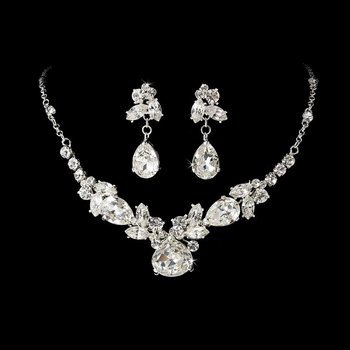 Silver Rhinestone Crystal Necklace Earring Set