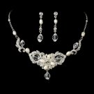 Silver Swarovski  Pearl Floral Necklace Earring Set