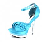 New Turquoise Satin Ruffled Platform High Heels Shoes