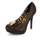 New Brown Satin Rhinestone Bow Pumps High Heels Shoes