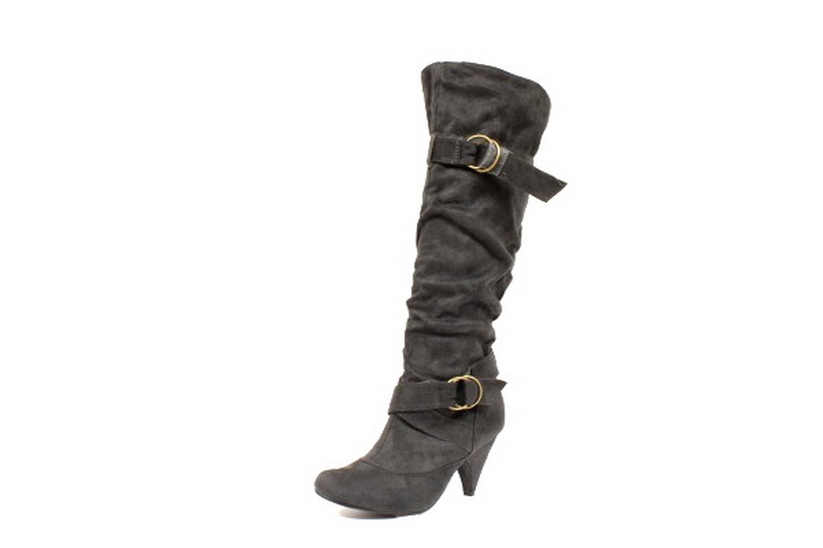 NEW Gray Suede Buckle Womens Mid Heel Boots Shoes