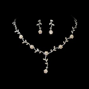Silver AB Floral Crystal Necklace Earring Set
