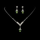 Silver Peridot Green Crystal Drop Necklace Earring Set