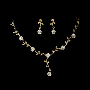 Gold Clear Floral Crystal Necklace Earring Set