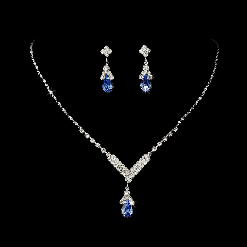 Silver Light Blue Crystal Drop Necklace Earring Set