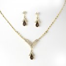 Gold Brown Rhinestone Crystal Drop Necklace Earring Set