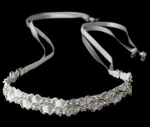 Silver Rhinestone Pearl White Ribbon Headband Tiara