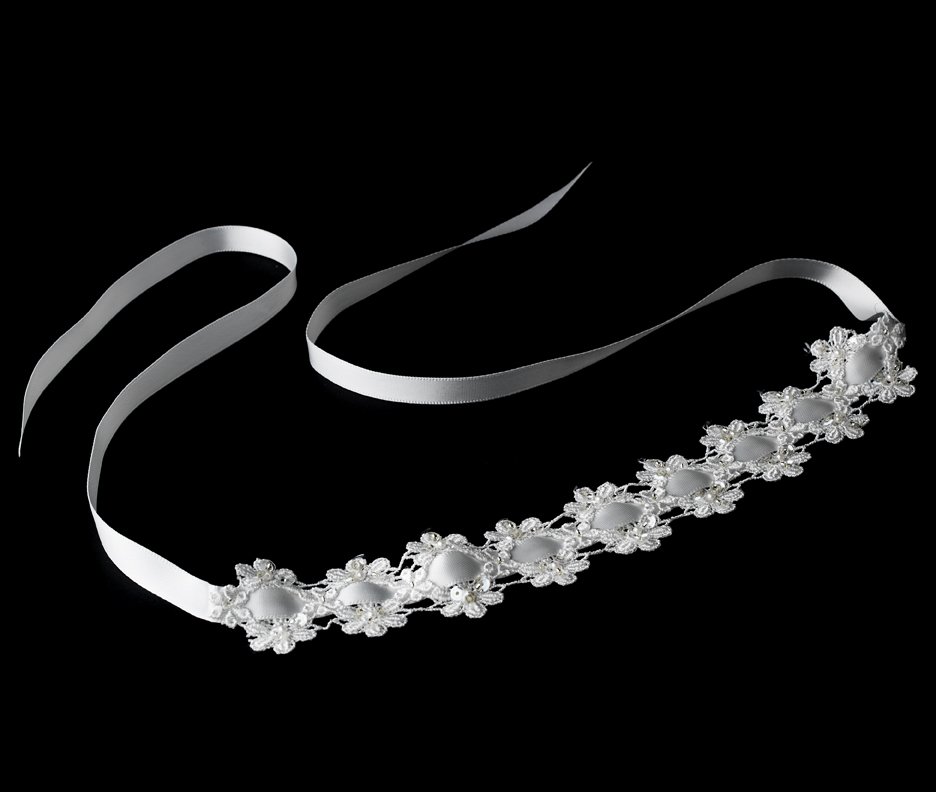 White Flower Lace Sequin Ribbon Headband Tiara