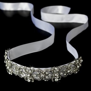 Rhinestone White Ribbon Bridal Headband Tiara
