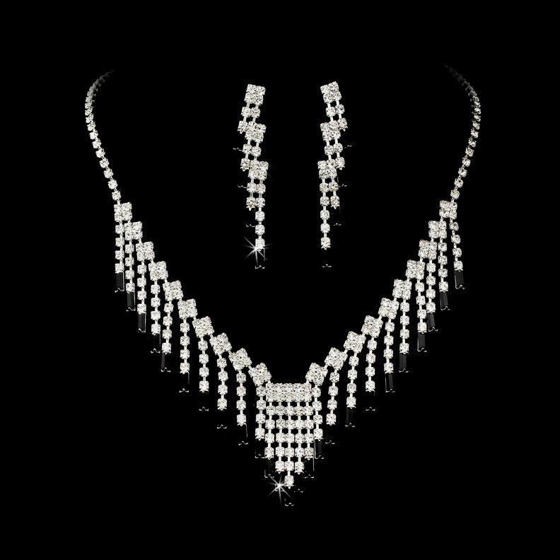 Silver Black Crystal Chandelier Necklace Earring Set