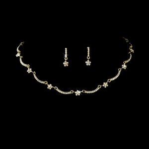 Gold Clear Rhinestone Flower Necklace Earring Set