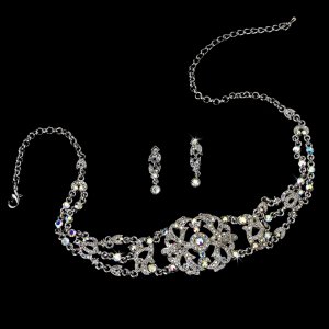 Silver AB Crystal Victorian Choker Necklace Earring Set