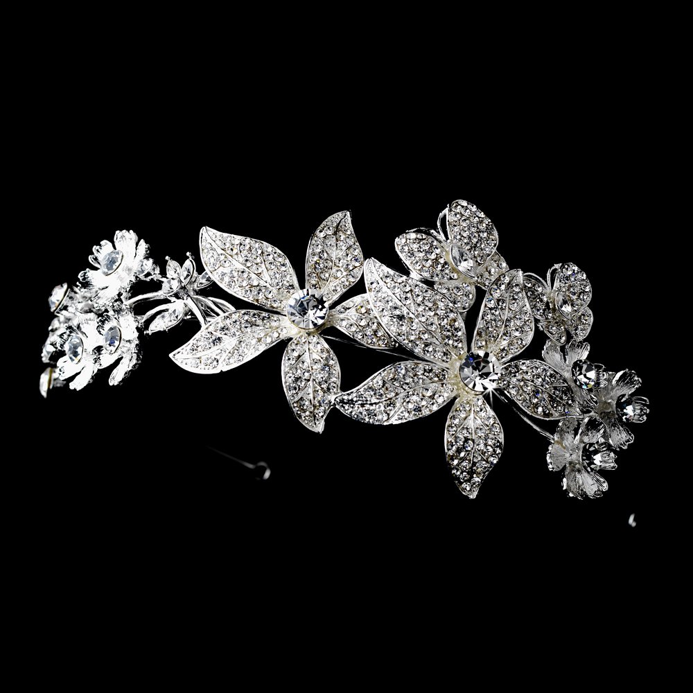 Silver Rhinestone Side Floral Butterfly Headband Tiara