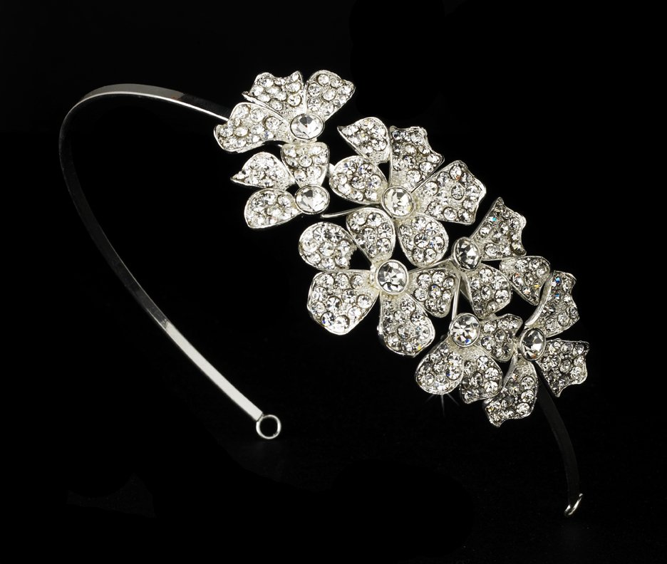 Silver Rhinestone Crystal Side Flower Headband Tiara