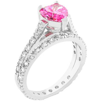 NEW White Gold Silver Heart Cut Pink CZ Ring
