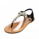 Black Rhinestone T-Strap Sandals Womens Shoes