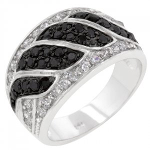 White Gold Rhodium Bonded CZ Round Cut Black Onyx Ring