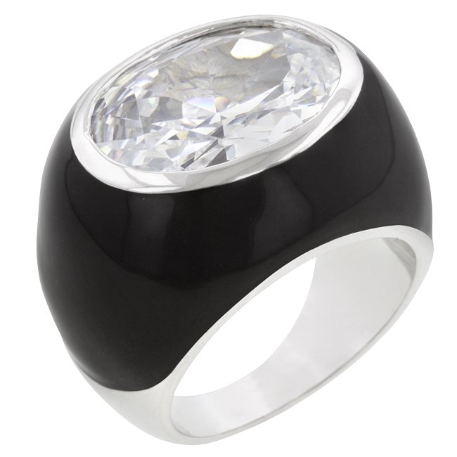 White Gold Rhodium Bonded Oval Cut Clear CZ Ring