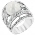 White Gold Rhodium Bonded Shell Pearl CZ Ring