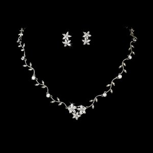 Silver CZ Crystal Star Vine Necklace Earring Set