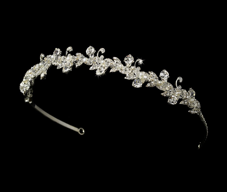 Silver Swarovski Rhinestone Pearl Headband Tiara