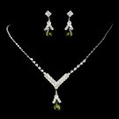 Silver Olive Green Teardrop Necklace Earring Set