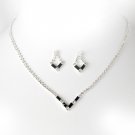 Silver Black Crystal V-Shaped Necklace Earring Set