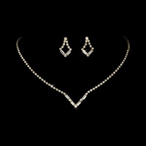 Gold Clear Crystal V-Shaped Necklace Earring Set