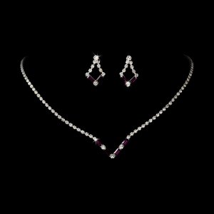 Silver Amethyst Crystal V-Shaped Necklace Earring Set