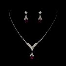 Silver Fuchsia Crystal Teardrop Necklace Earring Set