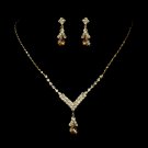 Gold Light Brown Crystal Teardrop Necklace Earring Set