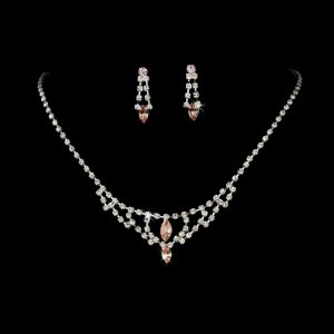 Silver Pink Crystal Chandelier Necklace Earring Set