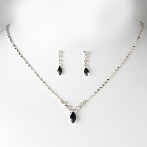 Silver Black Rhinestone Bridal Necklace Earring Set