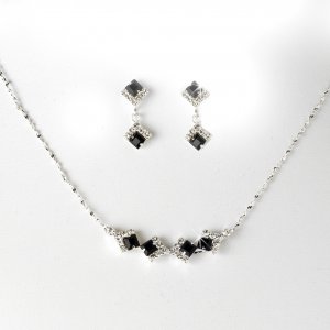 Silver Black Clear Crystal Square Necklace Earring Set