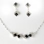 Silver Black Clear Crystal Square Necklace Earring Set
