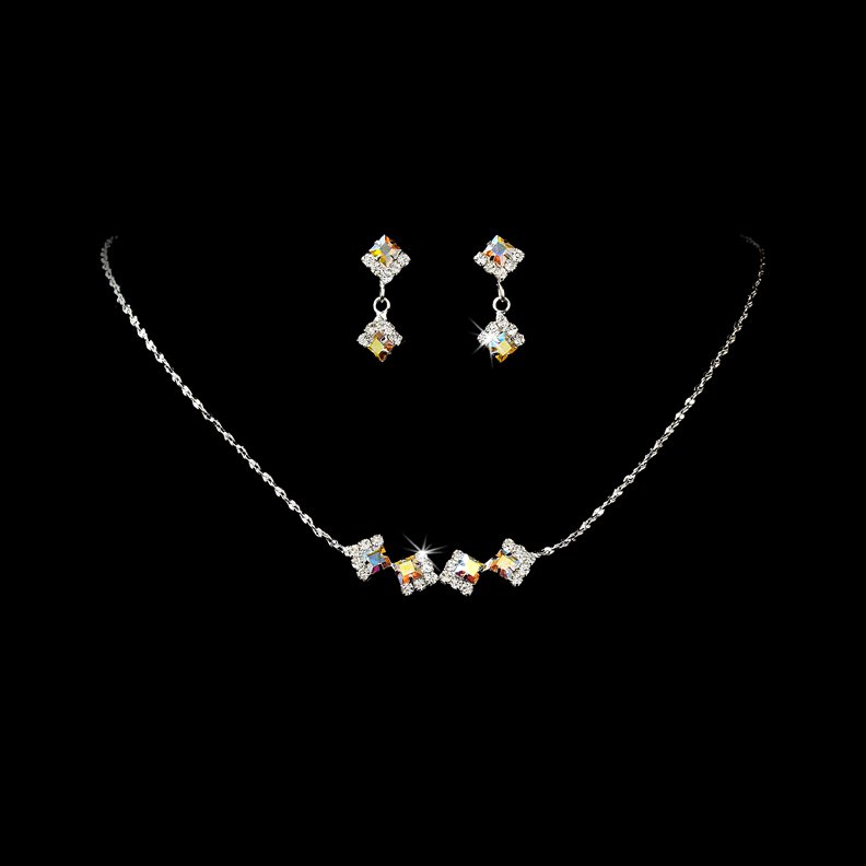 Silver AB Clear Crystal Square Necklace Earring Set