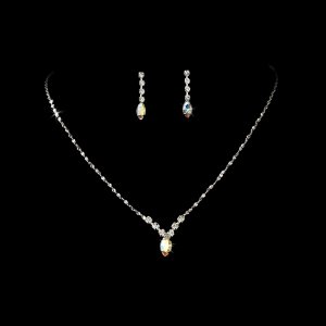 Silver Crystal Rhinestone Bridal Necklace Earring Set