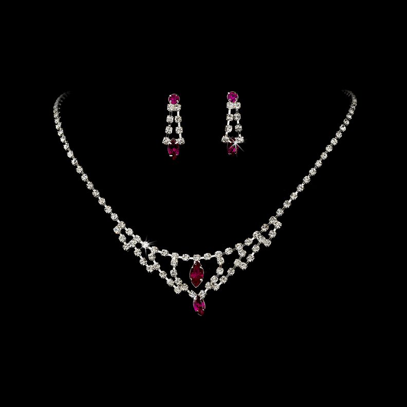 Silver Fuchsia Crystal Chandelier Necklace Earring Set