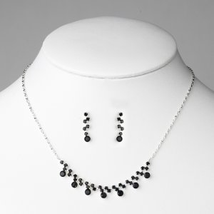 Silver Black Crystal Accented Necklace Earring Set
