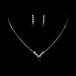 Silver Red  Rhinestone Bridal Necklace Earring Set
