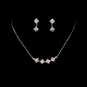 Silver Pink Clear Crystal Square Necklace Earring Set