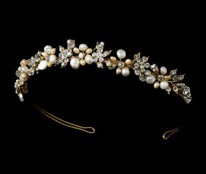 Gold Pearl Swarovski Crystal Bridal Headband Tiara