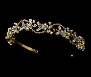 Gold Rhinestone Crystal Pearl Floral Tiara Headband