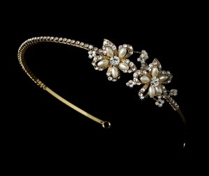 Gold Rhinestone Pearl vory Flower Bridal Tiara Headband